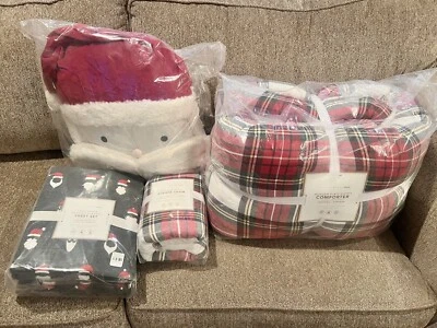 Juego de sábanas Pottery Barn Teen Morgan a cuadros Sherpa doble edredón falso Santa almohada niño Foto 1 de 4