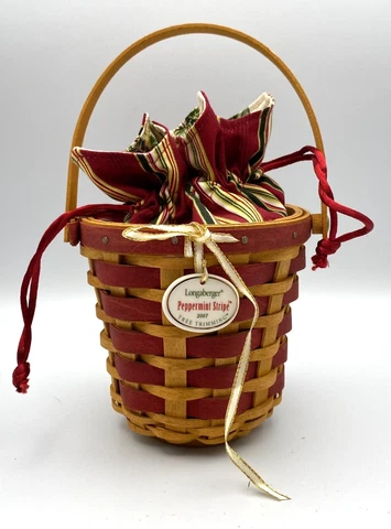 Longaberger 2007 Christmas Red Tree Trimming Peppermint Stripe Basket Cinch Line Cover