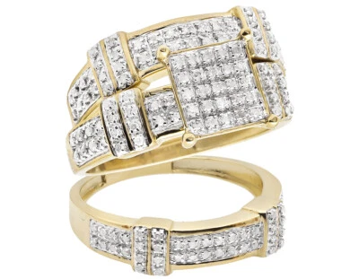 Juego de anillos de compromiso trío de diamantes reales de oro amarillo de 10 quilates para dama y hombre de 0,51 quilates Foto 1 de 4
