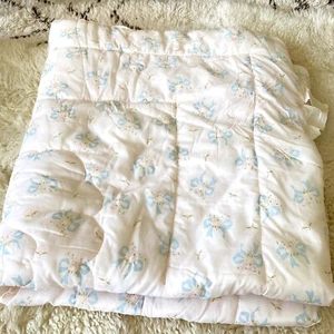 Dupont Dacron Quilted Nylon Baby Blanket Vtg 50s 60s Pink Blue Bows Flowers - Picture 1 of 8