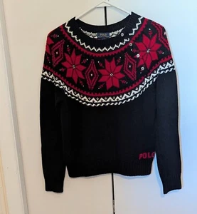 Polo Ralph Lauren Snowflake Sweater Girls Size XL 16 Black Red Let It Snow - Picture 1 of 12