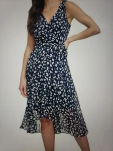 NWT DKNY Double V Faux Wrap in Blue Size 6 Chiffon Sleeveless High Low Dress - Picture 1 of 15
