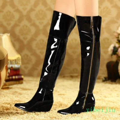 Women's Over The Knee High Mid Wedge Heel Boots Pointed Toe Riding Shoes Fashion - Image 1 of 4