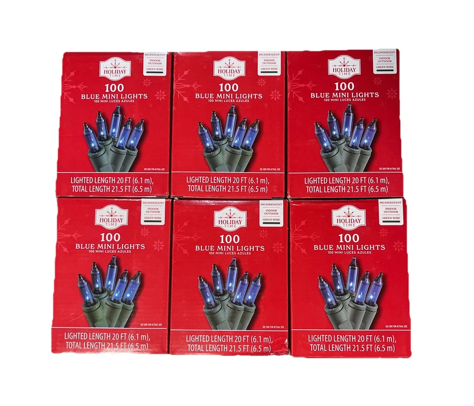 6x Holiday Time 100 Blue Mini lncandescent Christmas Tree Lights Indoor Outdoor - Image 1 of 1