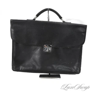 #1 MENSWEAR Longchamp Made in France Black Grain Leather Triple Gusset Briefcase - Picture 1 of 11
