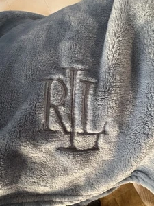 Lauren Ralph Lauren Embroidered Logo Plush 100% Polyester Blanket. Light Blue - Picture 1 of 5