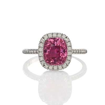 Anel feminino de ouro branco 14K turmalina rosa natural e halo de diamante cultivado em laboratório - Imagem 1 de 4