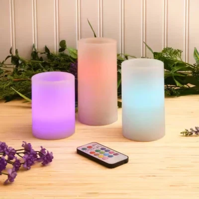 Juego de 3 velas LED de pilar de marfil sin llama que cambian de color del Himalaya con control remoto 1203 Foto 1 de 4