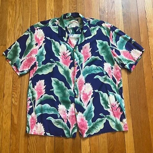 Vtg 80s Paradise Found Hawaiian Shirt Rayon Lg Floral Blue Pink Magnum PI - Picture 1 of 6