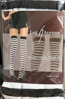 Leg Avenue Opaque stripe Thigh Hi Ladies socks-OSFM-(90-160 lbs)BLACK & WHITE - Image 1 of 2