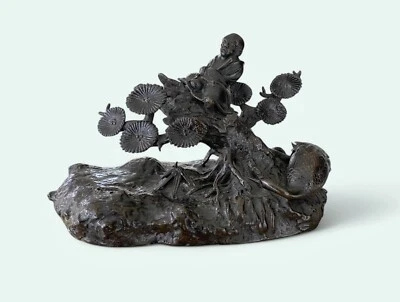 Okimono Kangai japonés de bronce con grúa, período Edo. Foto 1 de 4