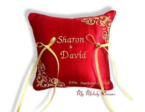 Personalised Red Satin & Metallic Gold Embroidered Wedding Ring Pillow Cushion