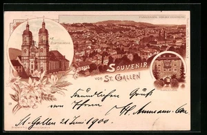 Lithographie St. Gallen, Panorama von der Falkenburg, Stiftskirche, Karlstor - Bild 1 von 2