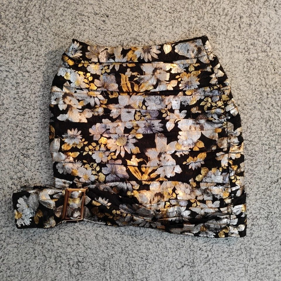 Bebe Ruched Metallic Mini Skirt Size 2 Short Floral Party Black Gold Silver