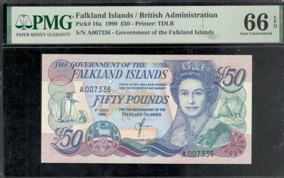 Islas Malvinas, 1990, QE11, £50 libras, P-16a, "GEMA" ¡NÚLTITA SIN CIRCULAR! PMG 66 Foto 1 de 2