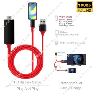 1080P Phone to HDMI HDTV AV TV Adapter Digital Cable For iPhone 14/11/12/Pro Max - Image 1 of 4