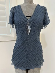 VTG 90s Y2K Blue Beaded Sequin Flutter Sleeve Top Party Cocktail Gatsby 20s M - Picture 1 of 16