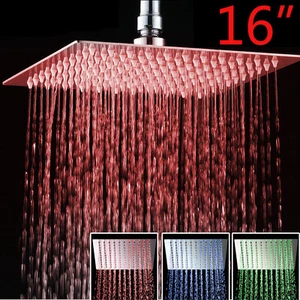Cabezal de ducha de techo de ducha cuadrado de montaje en pared LED de baño cromado 16" de lluvia - Imagen 1 de 6