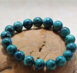 Pulsera elástica hecha a mano con cuentas redondas de piedras preciosas de crisocola natural de 10 mm 7,5"" - Imagen 1 de 3