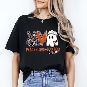Peace love boo boo crew Halloween Unisex T-Shirt nurse squad medical team tee Bl - Picture 1 of 7