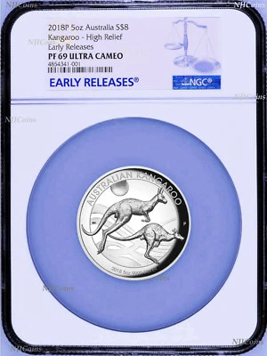 500 Mintage 2018 P Australia HIGH RELIEF 5oz Silver Kangaroo $8 Coin NGC PF69 ER - Image 1 of 4