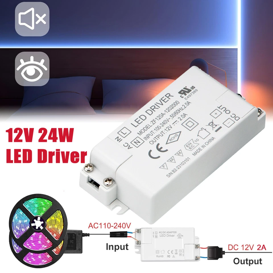 24W LED Light Driver AC 110V/240V to DC 12V Transformer Power Adapter Converter - Image 1 of 4