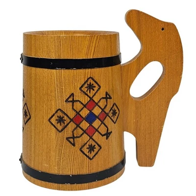 Taza jarra de madera escandinava de colección arte popular tallada taza rústica núcleo de cabina nórdico Foto 1 de 4