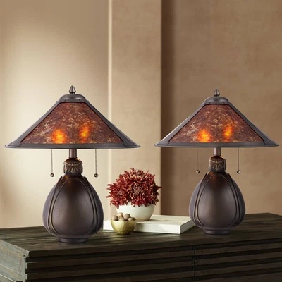 Traditional Accent Table Lamps 19" Set of 2 Bronze Pottery Mica for Bedroom - Image 1 of 4