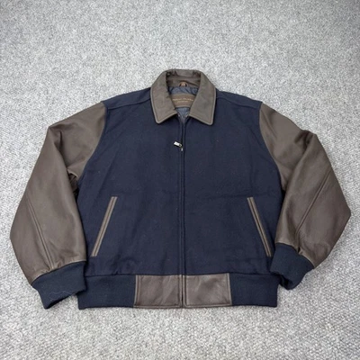 Reilly Olmes Collection Jacket Mens Large Leather Wool Bomber Zip Navy Brown - Image 1 of 4