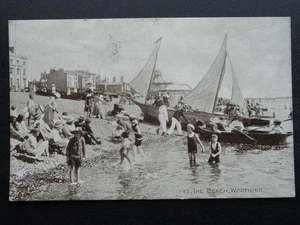 Sussex WORTHING The Beach shows Animated Beach Scene & Children Playing c1920 PC - Picture 1 of 4