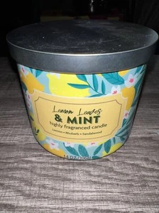 Mainstay Lemon Leaves & Mint Scented     3 Wick Candle 14oz - Picture 1 of 4