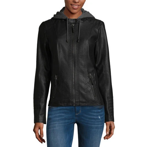 Women's a.n.a Faux Leather Lightweight Hooded Motorcycle Jacket MSRP $120  (po) - Image 1 of 2