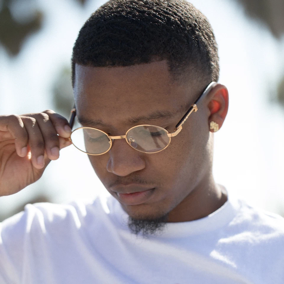 Men's Vintage Yellow Gold Frame Clear Lens Wood Grain Retro Hip Hop Glasses - Image 1 of 3