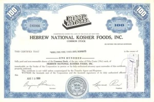 Hebrew National Casher Foods, Inc - Certificat de stock daté 1968-69 - General St - Photo 1/1