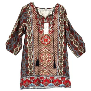 XJFMC Women’s Boho 3/4 Sleeve Tunic Multicolored Midi Dress Size L - Picture 1 of 10
