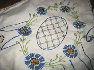 1940's? STAMPED FLORAL SMALL TABLECLOTH CROCHET EDGING-ALMOST COMPLETE EMBROIDER - Picture 1 of 5