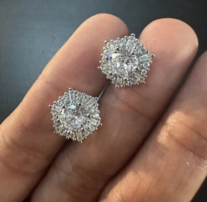 White Gold Plated Hexagon Simulated Diamond Crystal Stud Earrings - Picture 1 of 6