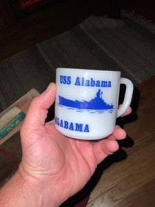 Vintage USS Alabama Drum Federal Milk Glass Coffee Mug Cup Navy Mobile Souvenir - Picture 1 of 3