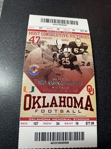 2007 Oklahoma Sooners Football Ticket Stub Miami Hurricanes 47 Straight - Picture 1 of 8