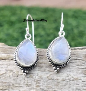 Natural Piedra Luna 925 Plata de Ley Elegante Pendientes Largos - Imagen 1 de 9