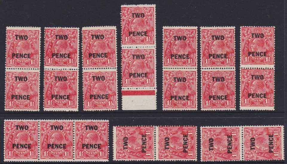 c.1930 KGV Australia TWO PENCE Black Surcharge on 1 1/2d Red Pairs Strips MNH ** - Image 1 of 1