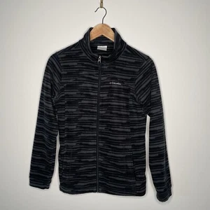 Columbia Girls Black Grey Stripe High Neck Zip Up Light Fleece Jacket Sz L 14/16 - Picture 1 of 7