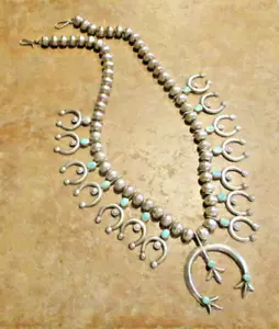 23" Vintage Navajo Sterling Silver Turquoise Sandcast SQUASH BLOSSOM Necklace - Picture 1 of 16