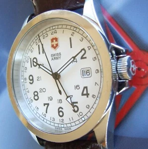 VictorINOX SWISS ARMY Men INFANTRY DUAL TIME 4 HANDER GMT Watch~Cream Dl~Leather - Picture 1 of 13