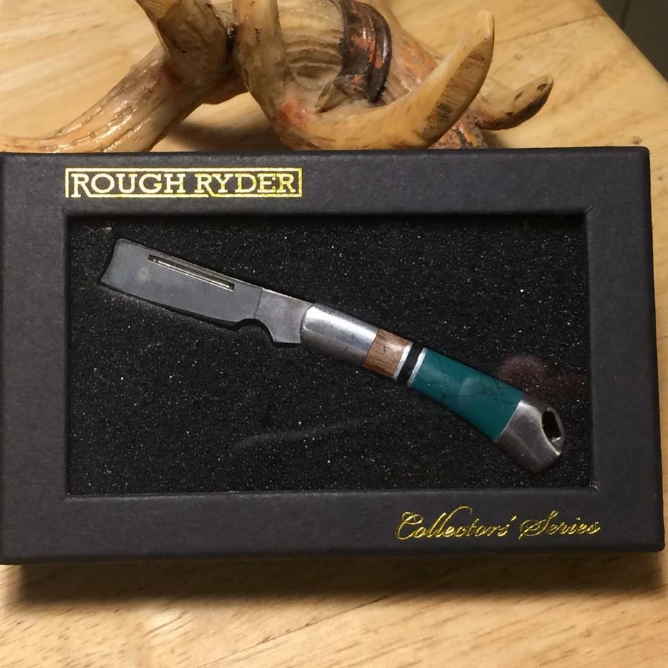 Rough Ryder 2" Tiny Razor Turquoise/Brown Wood Pocketknife w/Lanyard Hole RR1474 - Image 1 of 4