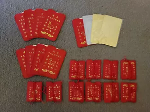 Chinese Zodiac Buddha Gods Gold Metal Plaques Cards in Red Sleeves - 22pc - Picture 1 of 12