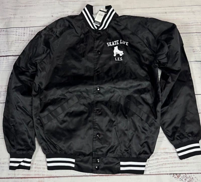 Cardinal Mens Satin Jacket Size Medium Black 'Skate Life LES' Black Snap Front - Image 1 of 4
