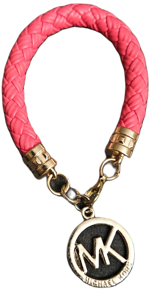 MICHAEL KORS Pulsera de cuero trenzado rosa 7 pulgadas con encanto de logo firmado Foto 1 de 4