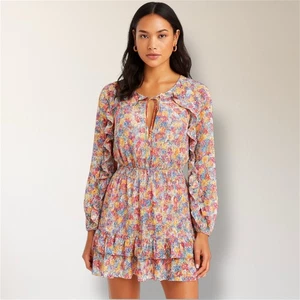 ZARA Minikleid rosa Blumen Rüschen Stufen Langarm Boho Cottagecore Fee L - Bild 1 von 9