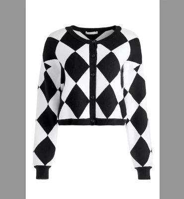 NWT Alice+Olivia Soft White/Black Argyle/Diamond Knit Verena Cardigan Sweater M - Image 1 of 4